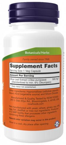 NOW Olive Leaf Extract 500 mg, Экстракт листьев оливы 500 мг, 120 капсул